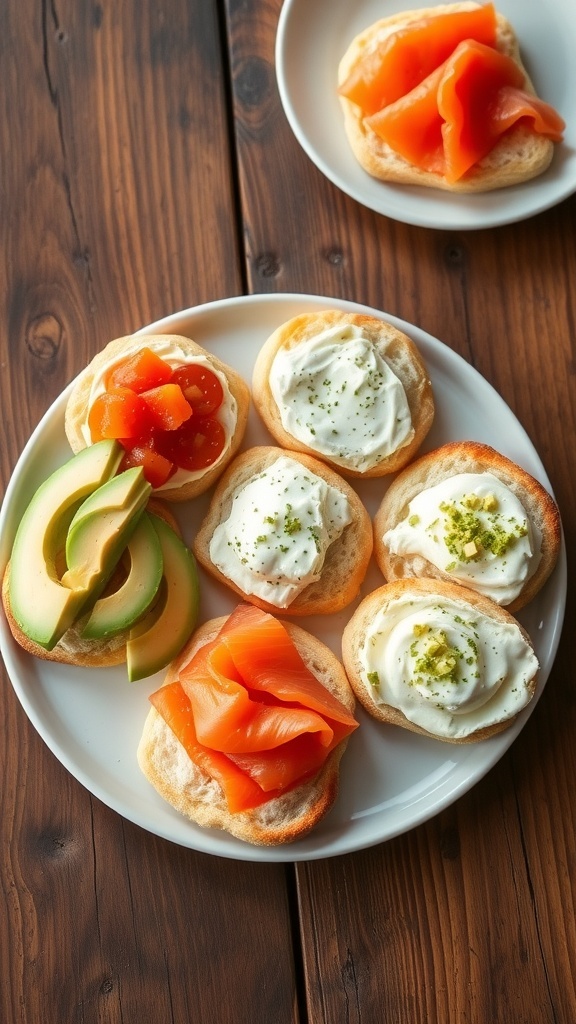 Fluffy cloud bread pieces on a plate with toppings like avocado and cream cheese, on a rustic table.